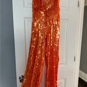 PrettyLittleThing Vibrant Orange Sequin Jumpsuit